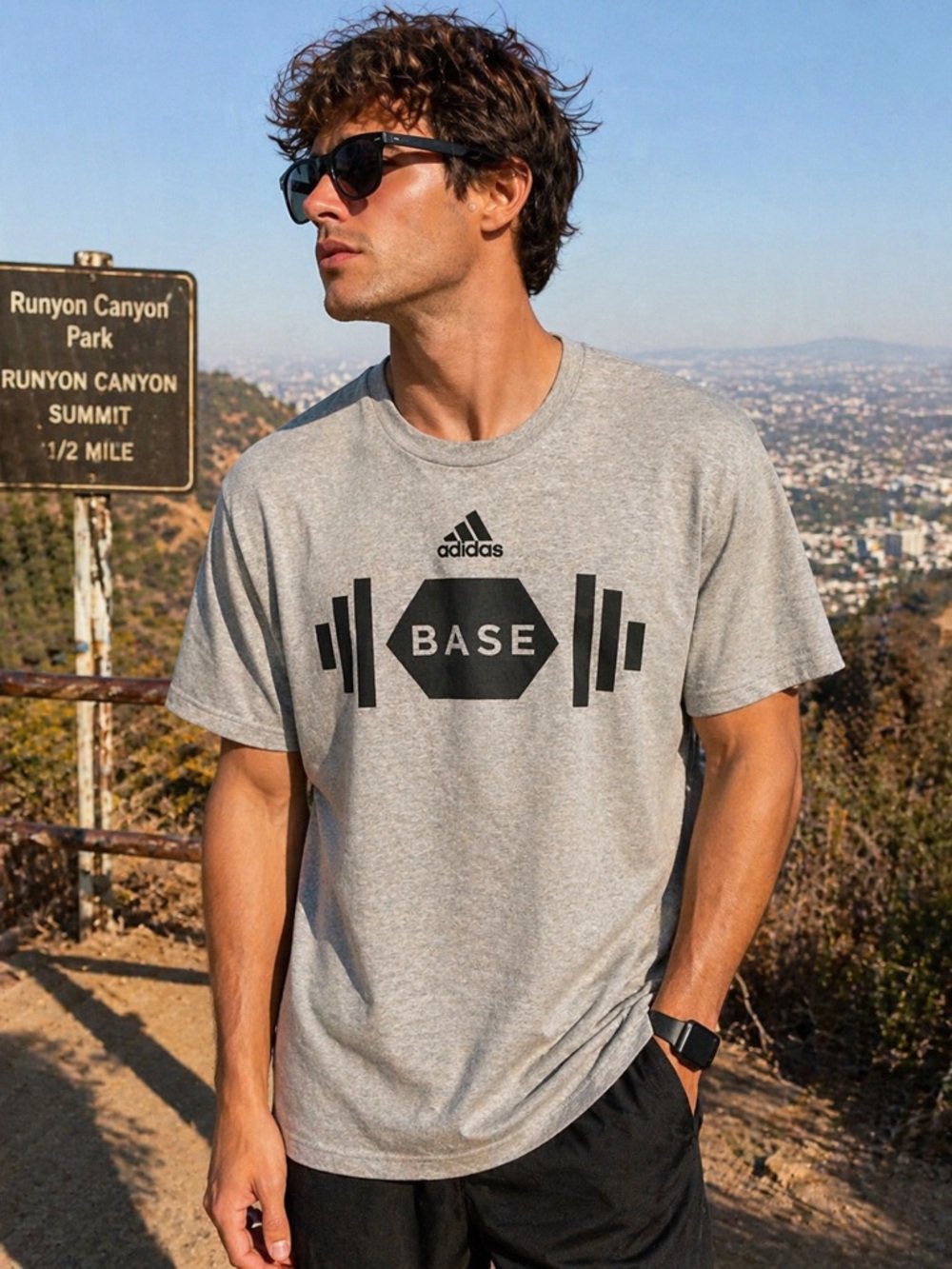 adidas Gray Short-Sleeve Tee with Black BASE Barbell Graphic